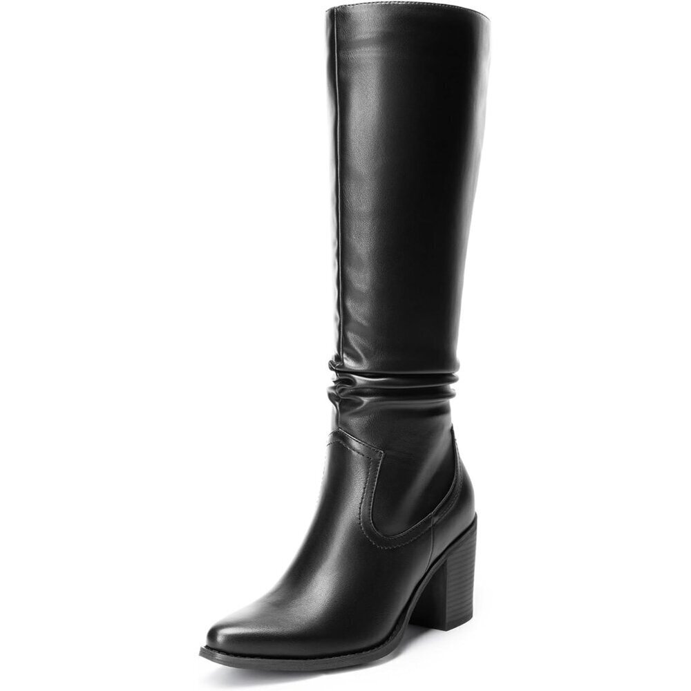 Women's Faux Leather Knee-High Boots Suede Block Heel Side Zipper Size 7